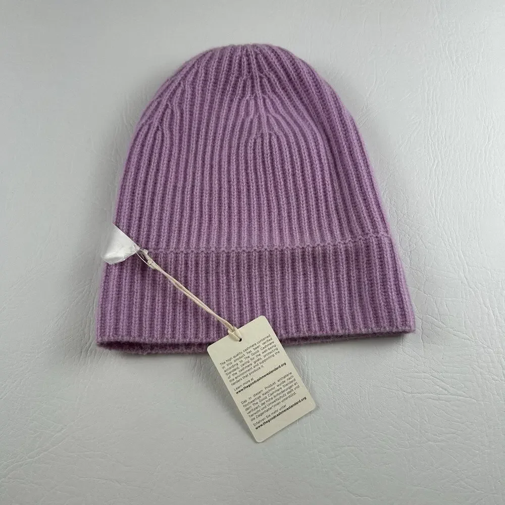 100% Cashmere Violet Ribbed Knit Beanie Cuffed Winter Hat Women’s